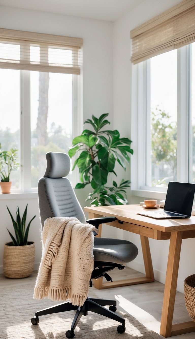 A modern home office with a wooden desk, green plant, ergonomic chair, and a wool throw blanket draped over the chair.