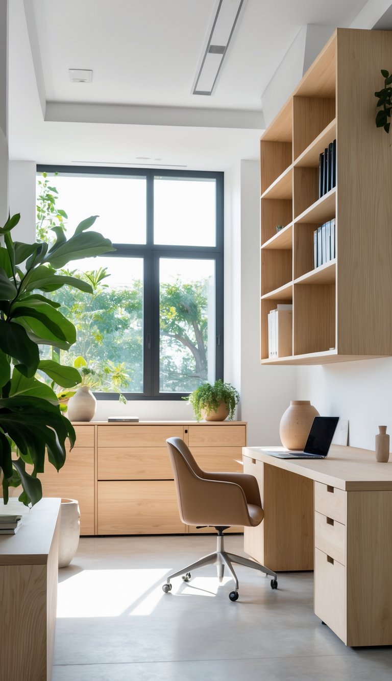 A bright home office with minimalist wooden storage units, a clean desk, large windows, and green plants.
