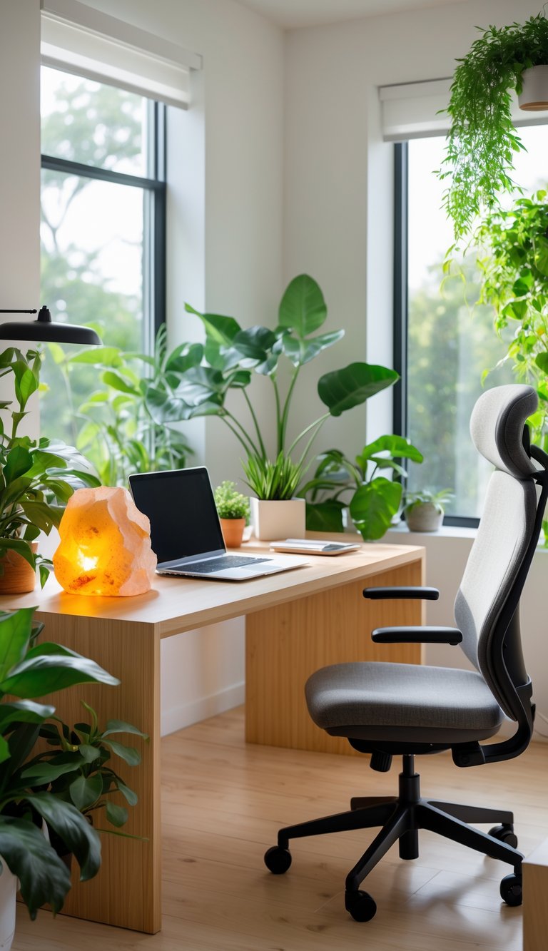 A modern home office with a wooden desk, laptop, green plants, and a glowing Himalayan salt lamp.