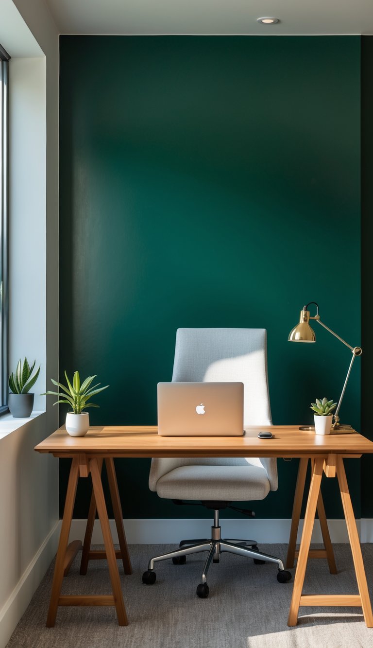 A home office with a deep emerald green accent wall, a wooden desk with a laptop, an ergonomic chair, and a small plant.