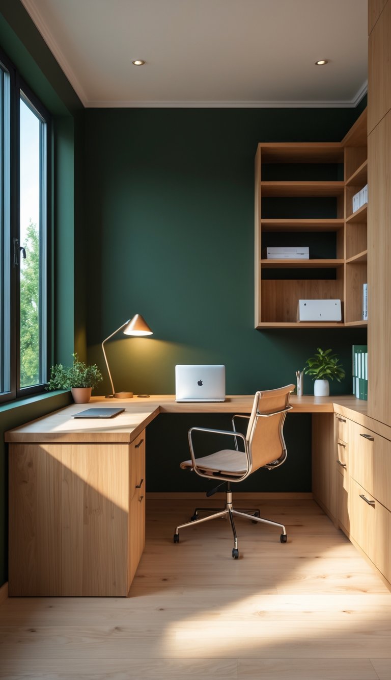 Home office with dark green walls, wooden desk, shelves, and natural light coming through a window.