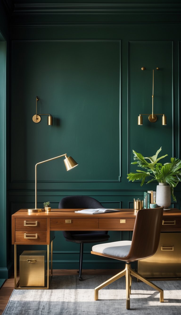 Home office with dark green walls and brass fixtures on a wooden desk.