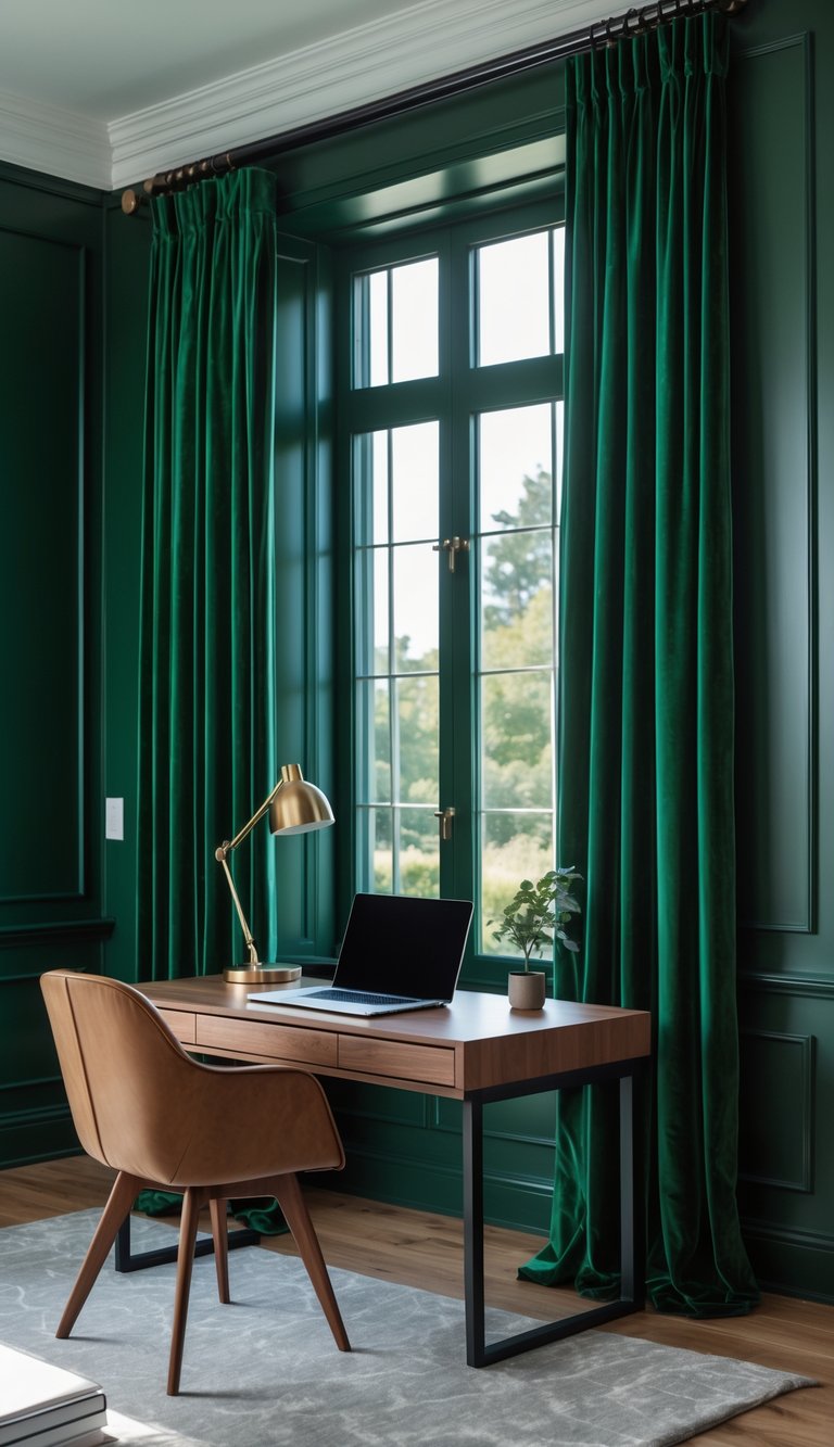 Home office with dark green walls and velvet green curtains covering a window, featuring a wooden desk with a laptop and desk lamp.
