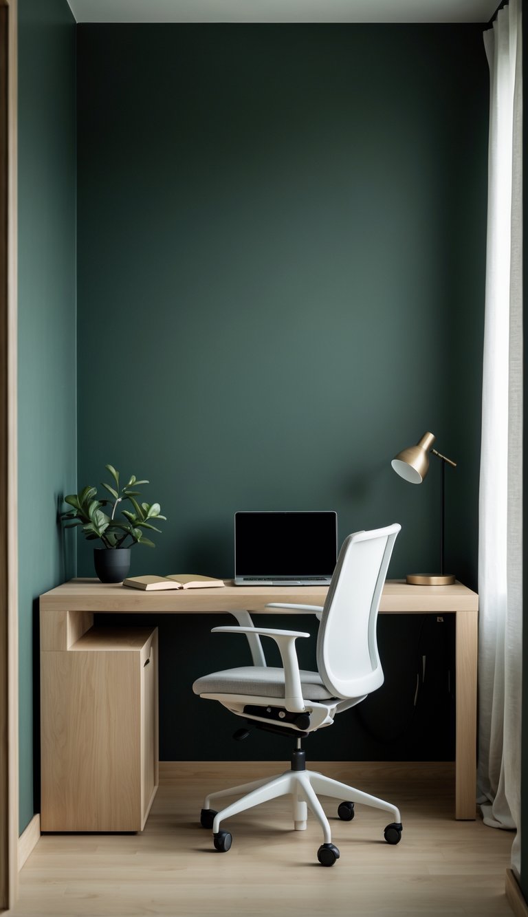 A modern home office with dark green painted walls, a wooden desk with a laptop, an ergonomic chair, and a small plant near a window.