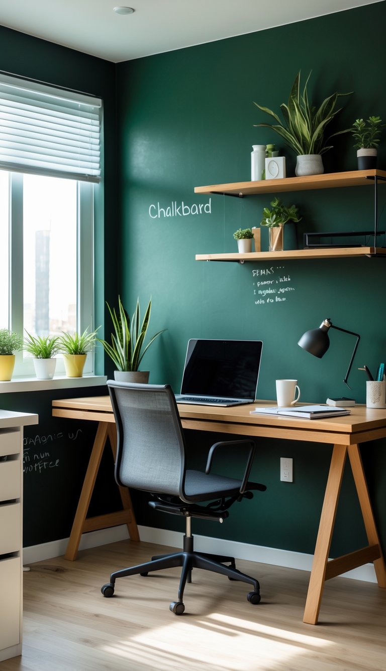 A home office with dark green walls, a wooden desk with a laptop and coffee cup, and a chair near a window with natural light.