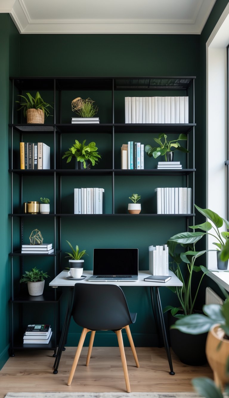 A home office with dark green walls and black metal shelves holding books and plants, with a desk and laptop.