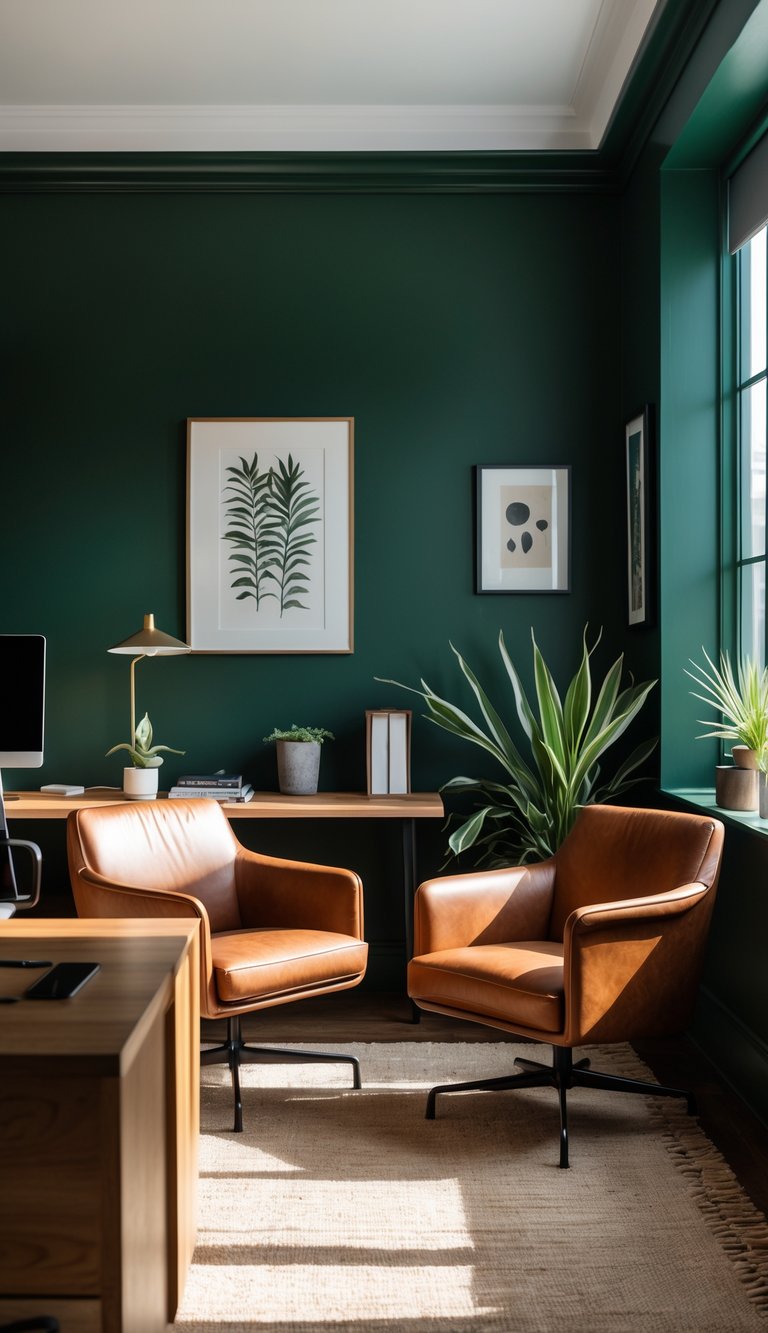 Home office with dark green walls and brown leather chairs arranged around a wooden desk.
