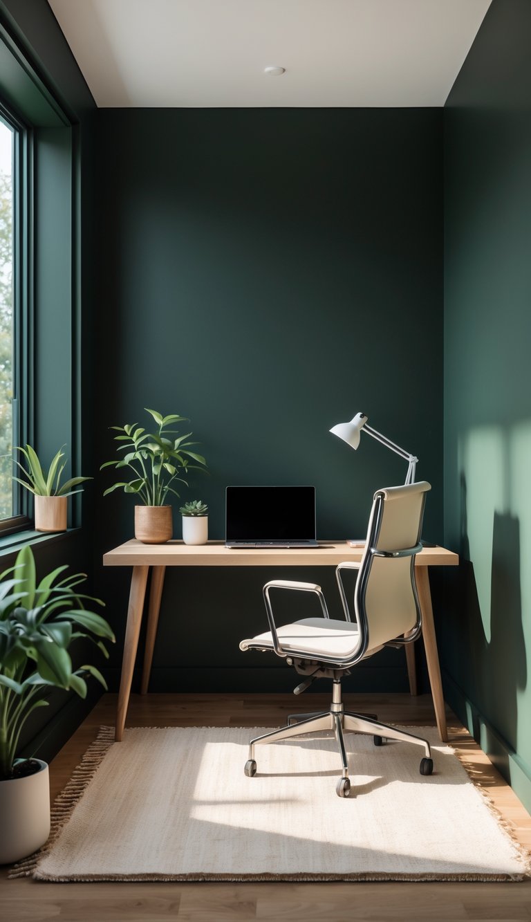 A home office with dark green walls, a wooden desk, an ergonomic chair, soft beige rugs on the floor, and natural light coming through a window.