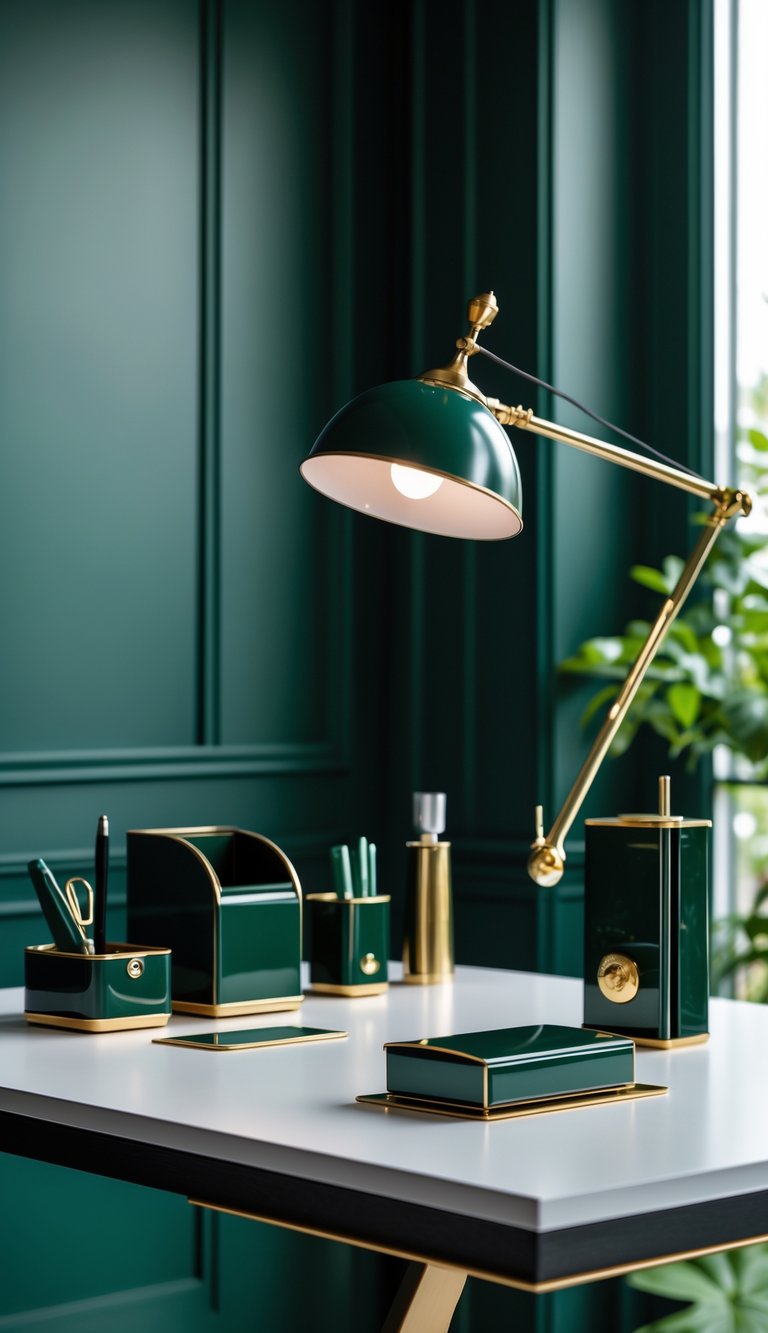 A home office desk with dark green walls and dark green and gold desk accessories arranged neatly.