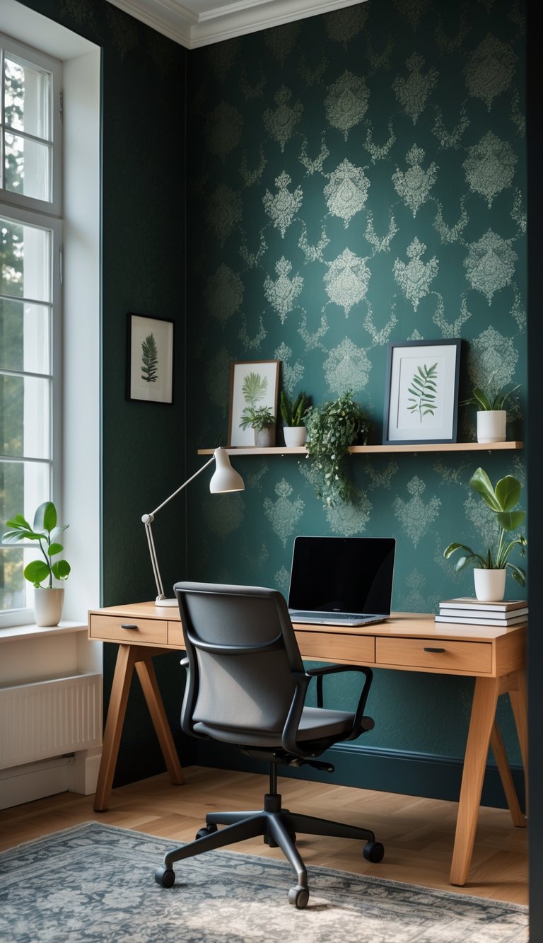 A home office with a dark green accent wall, a wooden desk with a laptop, books, a desk lamp, and a chair.