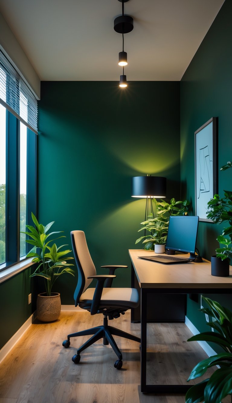 A home office with dark green walls, a desk with a laptop, a chair, plants, and layered lighting highlighting the room.