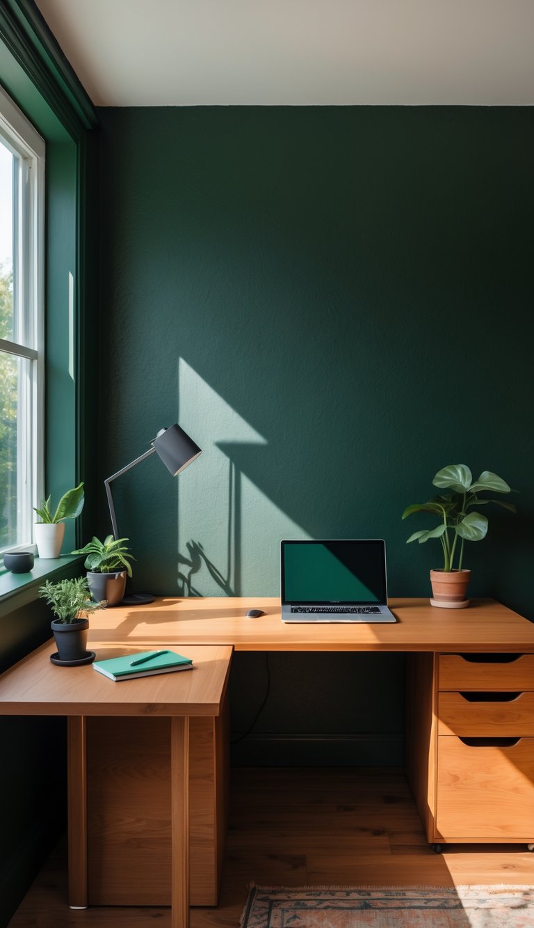 A home office with dark green walls and warm wood desks, featuring a laptop, notebook, plant, and desk lamp.