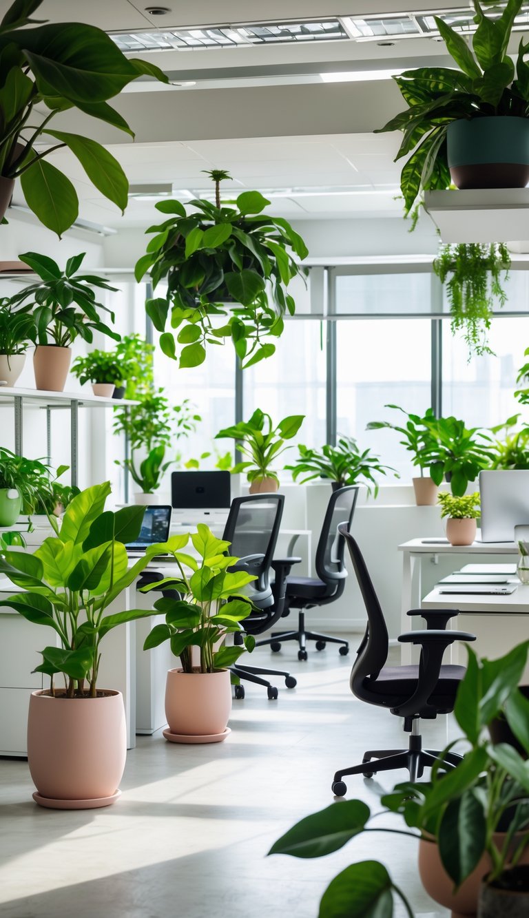 A modern office filled with various indoor plants placed on desks, shelves, and floors near large windows letting in natural light.