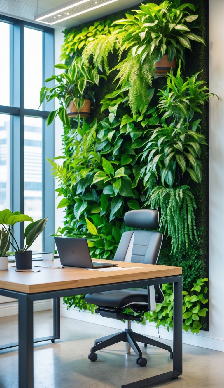 Modern office with a lush green living wall behind a desk and chair, filled with various easy-care plants.