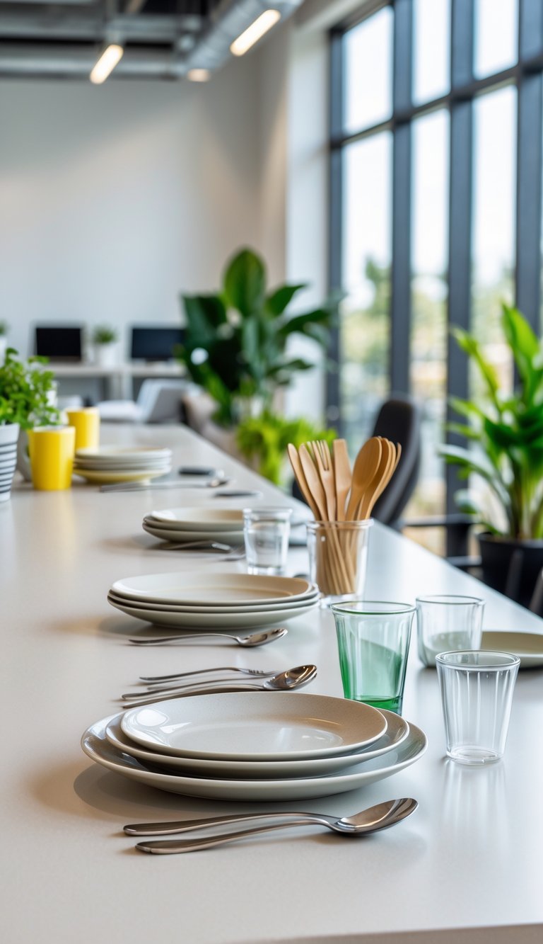 Office kitchen countertop with reusable dishware and cutlery arranged, surrounded by plants and natural light.