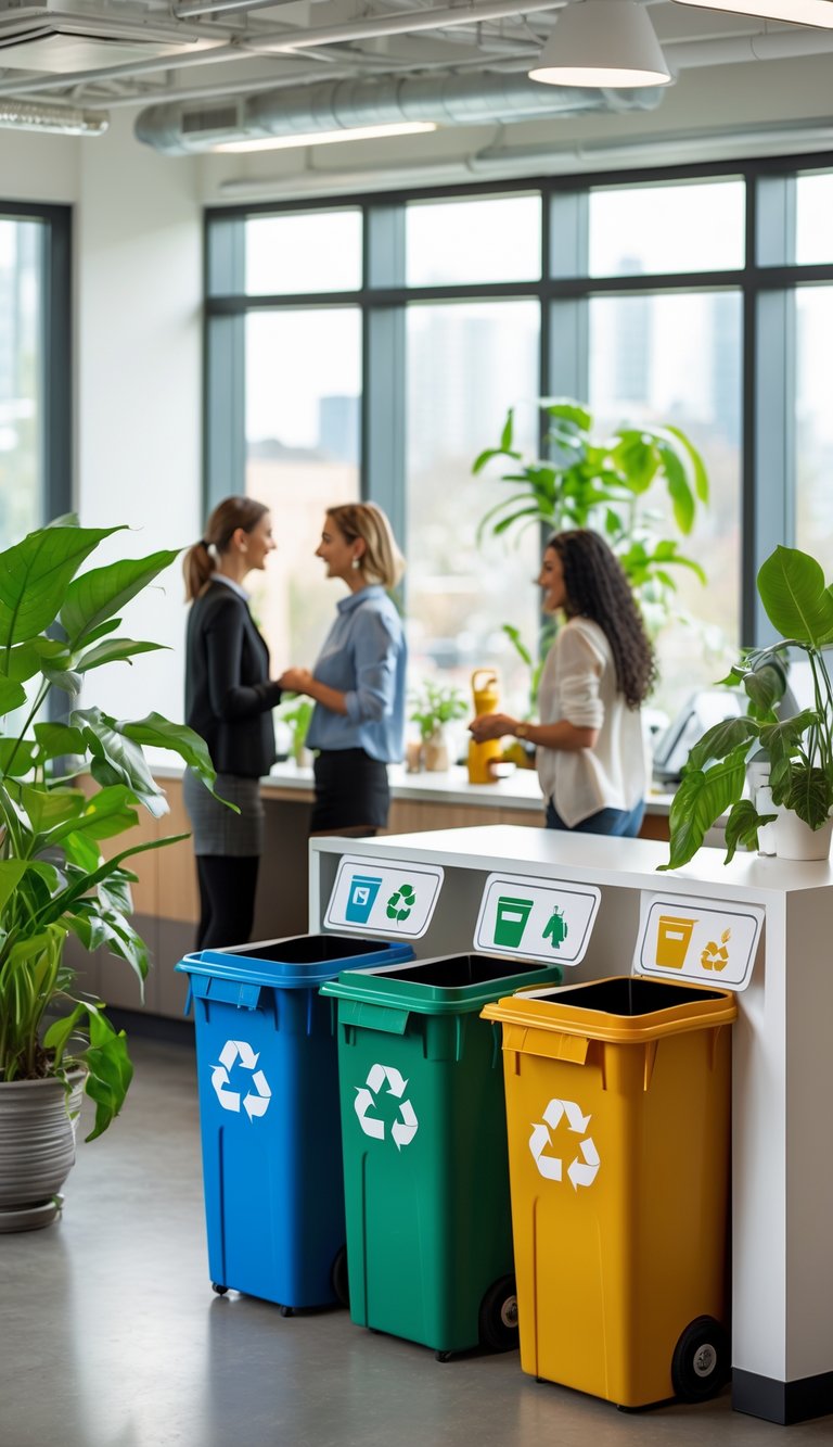 Office break room with clearly labeled recycling bins and plants, showing a clean and organized recycling area.