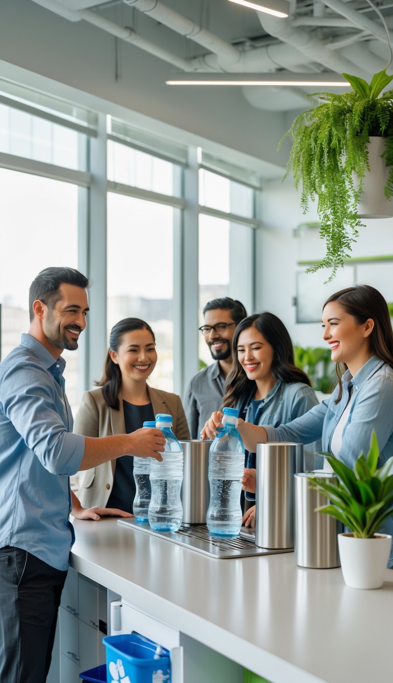 Employees filling reusable water bottles at a water dispenser in a bright office break room with plants and recycling bins.