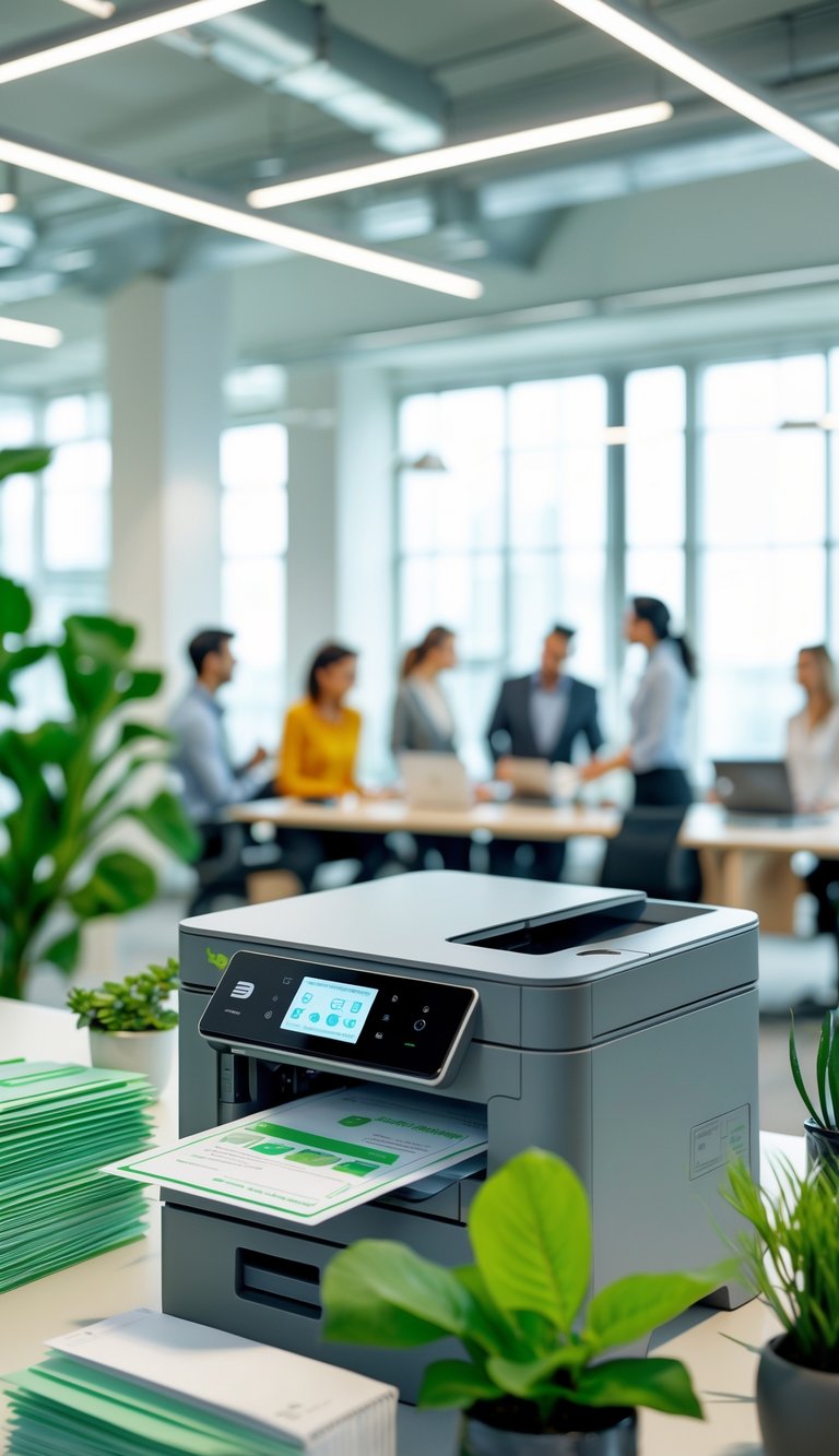 Office printer set to double-sided printing with plants and office workers in a bright workspace.