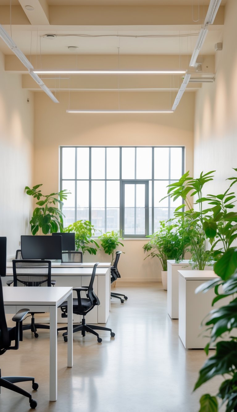 A modern office with freshly painted light-colored walls, natural light, green plants, and minimalist furniture.