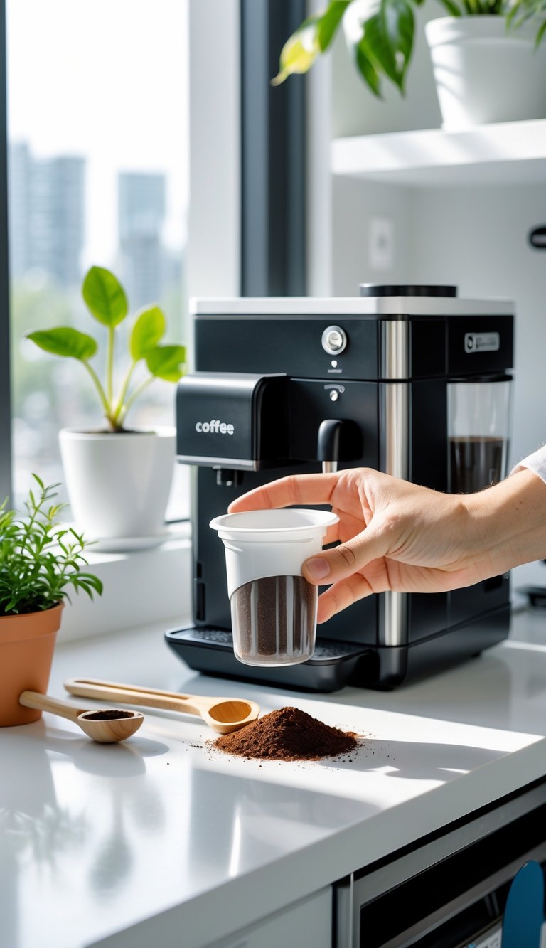 A reusable coffee pod being held near a coffee machine in a bright office kitchen with eco-friendly items around.