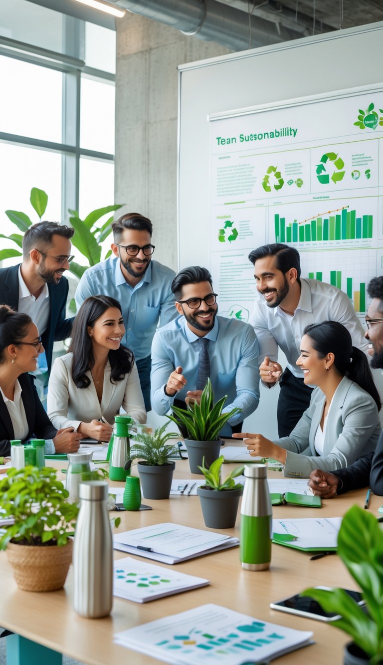 A group of office workers collaborating around a table with plants and eco-friendly items, discussing green initiatives in a bright office.