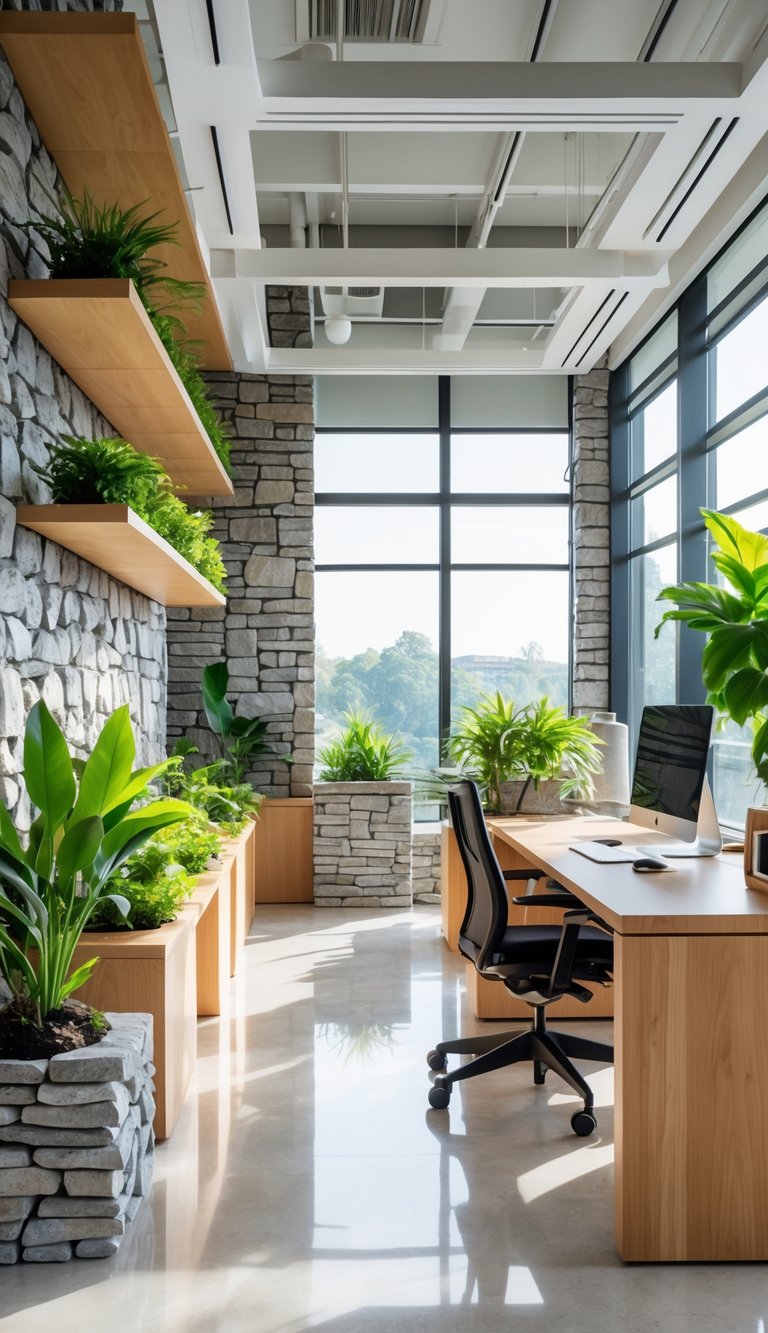A modern office interior with wooden furniture, stone accents, green plants, and natural light.