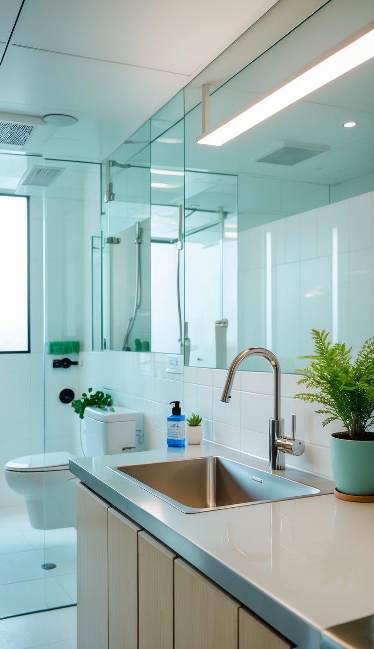 An office restroom and kitchen area with water-saving faucets and fixtures, clean and well-lit.