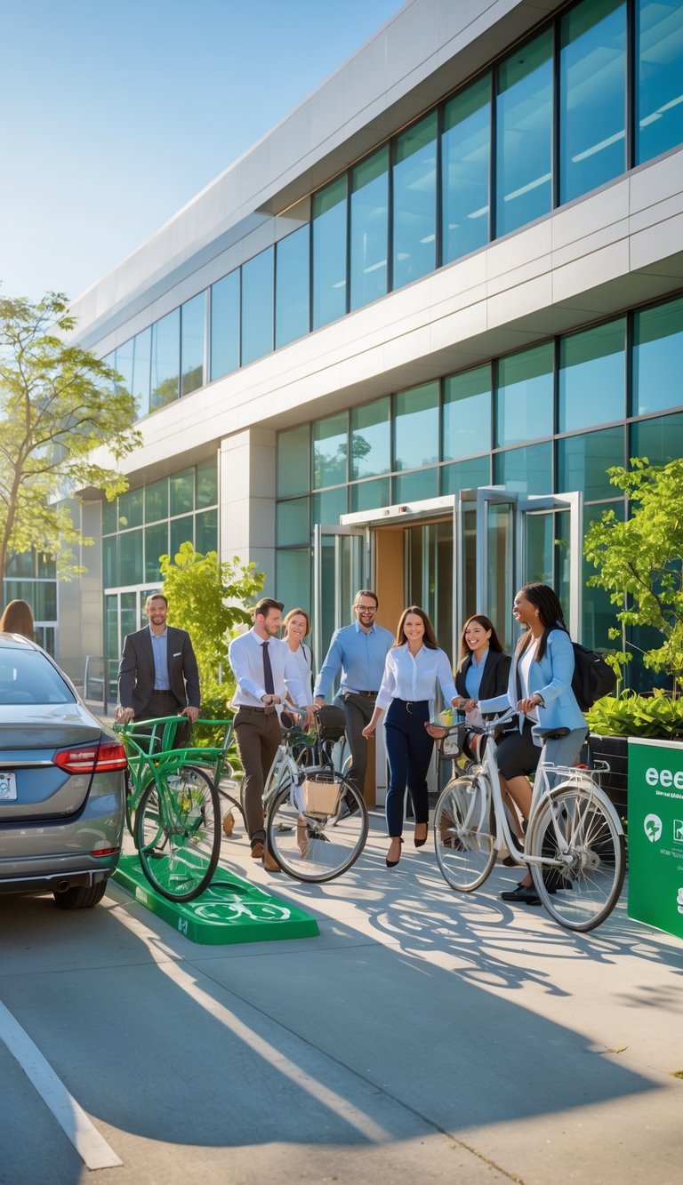 Employees arriving at a modern office by bike and carpool, smiling and interacting near the entrance.