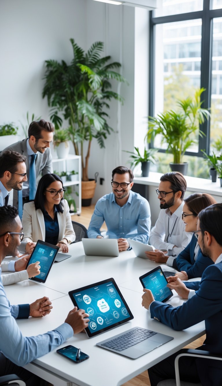 A group of professionals working together around a digital touchscreen in a bright office with plants and natural light.