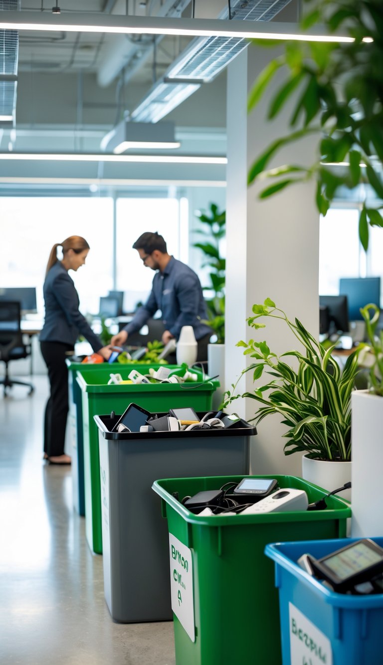 A modern office with designated bins for collecting electronic waste, where employees are disposing of old devices responsibly.
