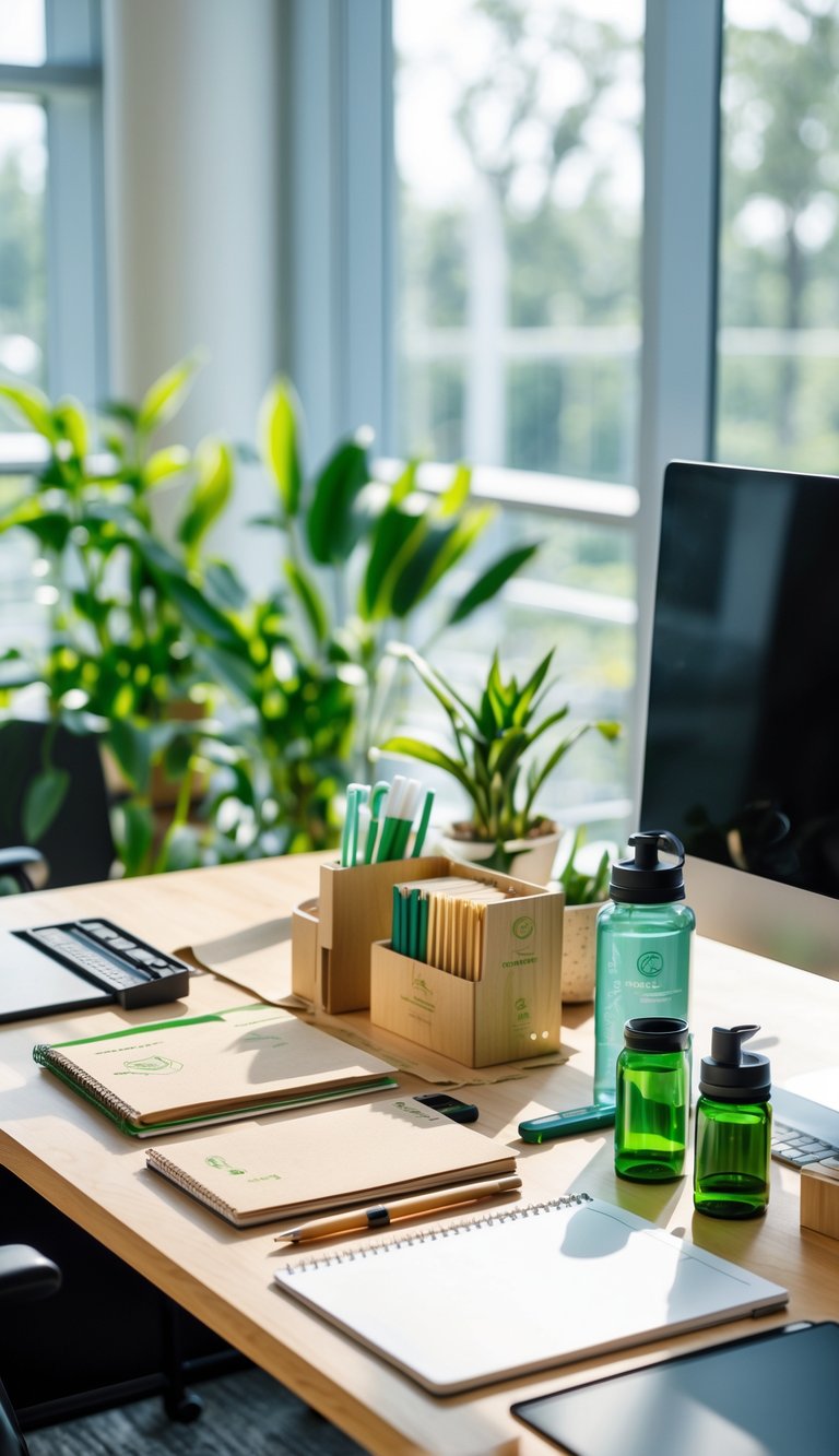 An office desk with eco-friendly office supplies and green plants in a bright workspace.