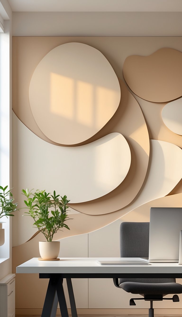 A clean, minimalist office workspace with a laptop, plant, and warm beige abstract layered wall art in the background.