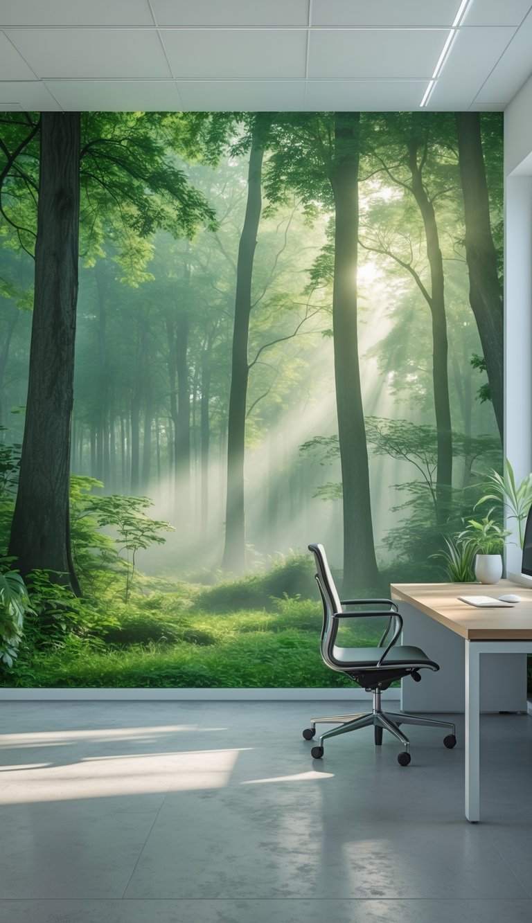 A modern office with a large forest mural on the wall, a wooden desk, chair, plants, and natural light filling the room.