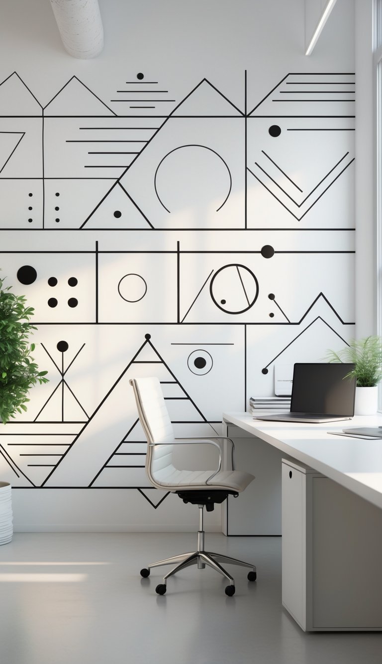 A bright office wall with black and white geometric patterned wallpaper above a tidy desk holding a laptop, a plant, and notebooks.
