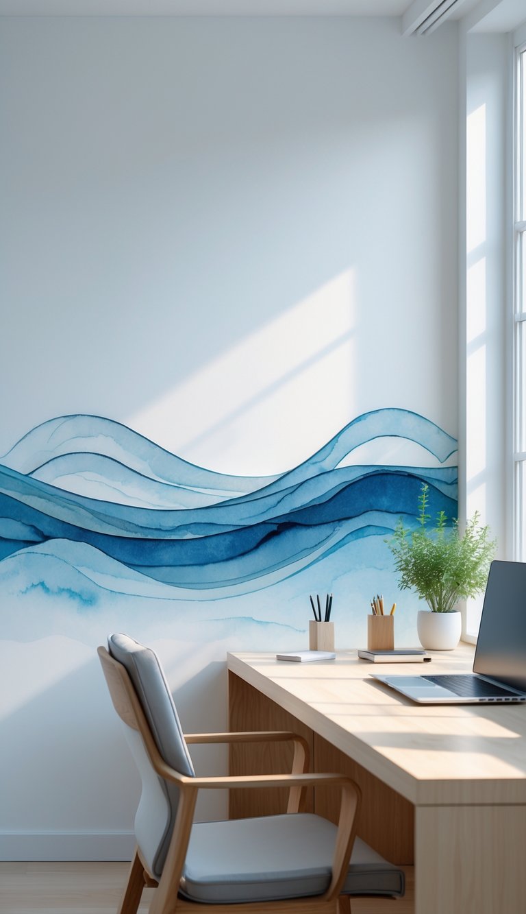 A minimalist office space with a wooden desk, laptop, plant, and a wall decorated with soft blue wave patterns.