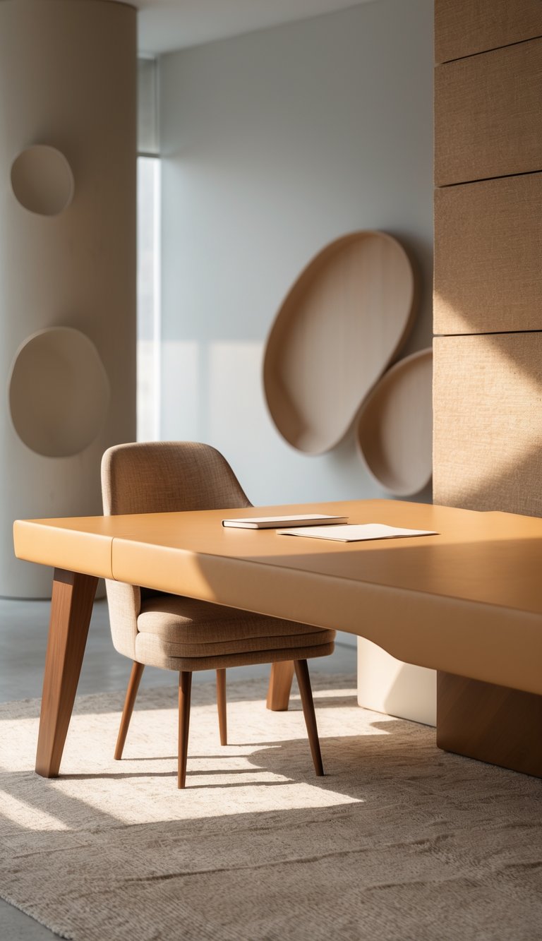 A minimalist office workspace with warm wooden desk, beige chair, and soft natural textures creating a calm and uncluttered atmosphere.