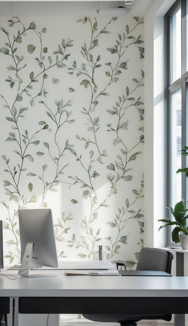 A modern office with a clean desk and subtle leaf and vine patterned wallpaper in the background.