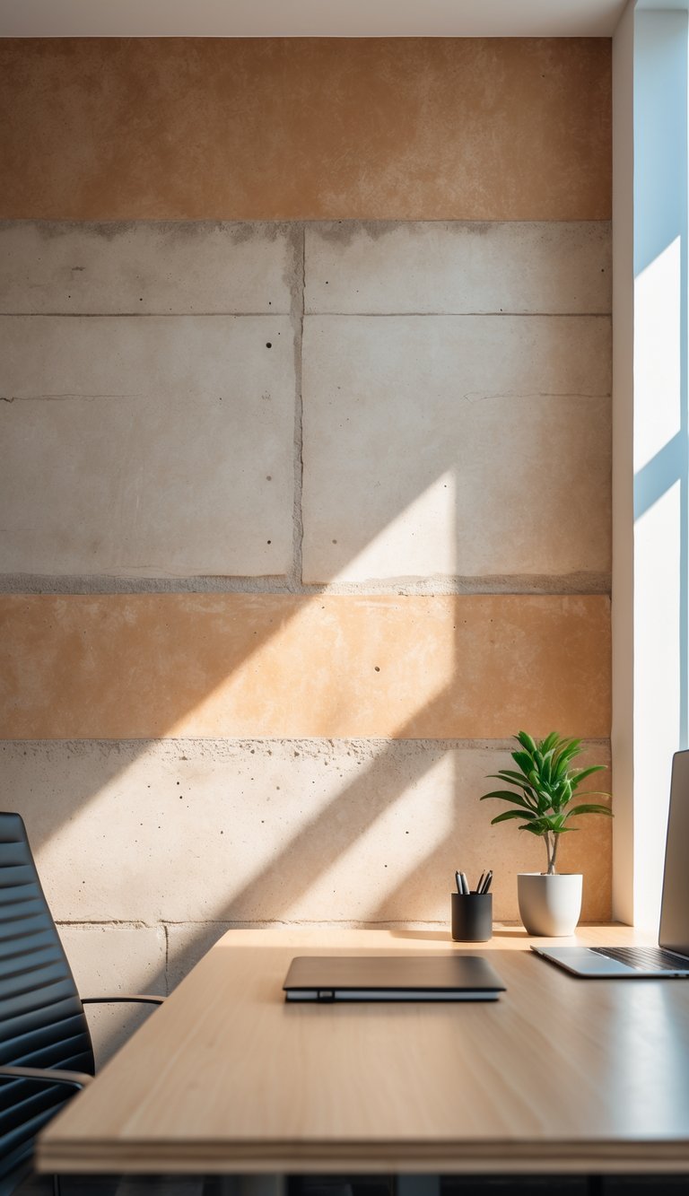A modern office workspace with a warm-toned concrete textured wall, a wooden desk, and neatly arranged office supplies.