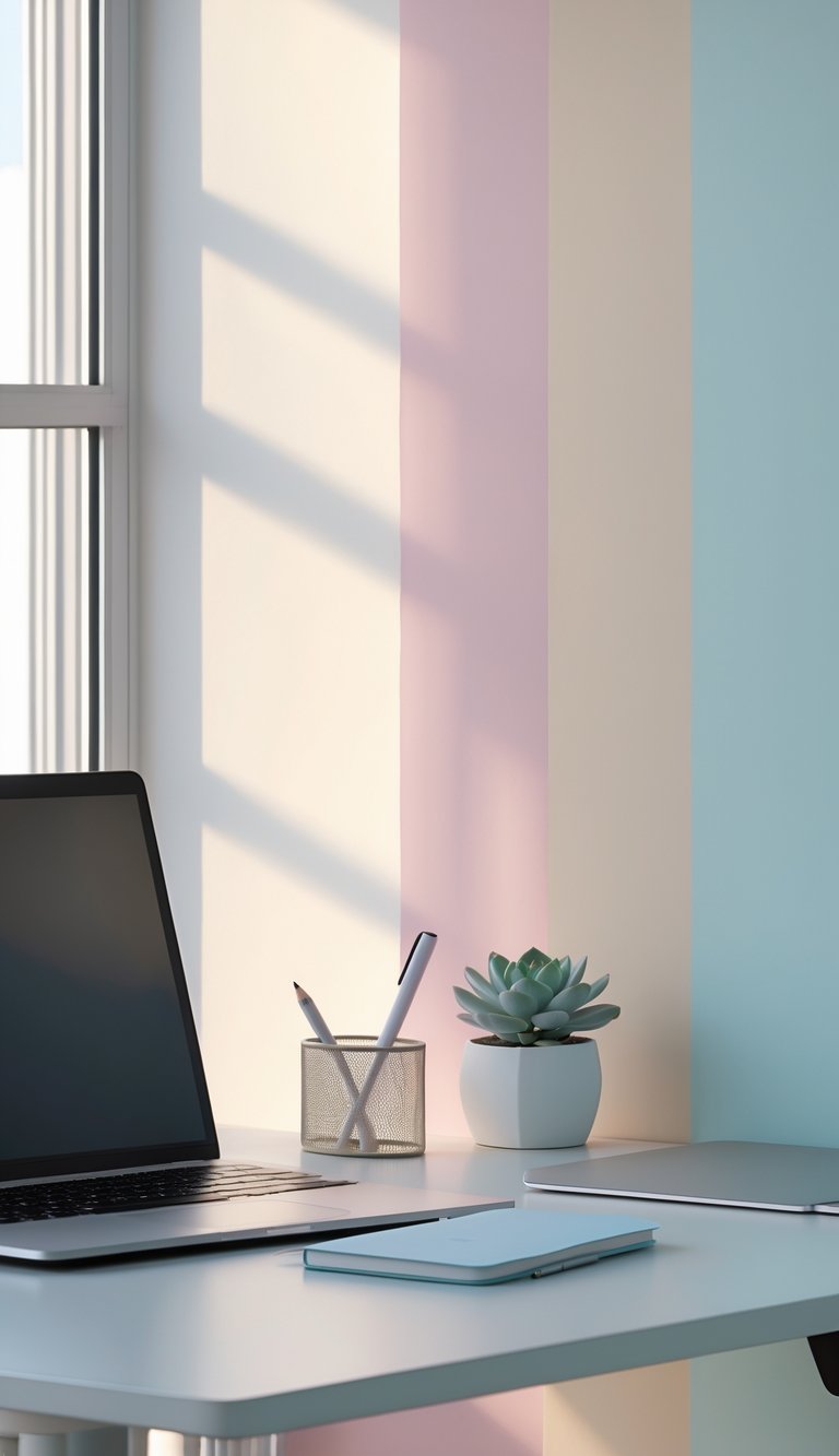 A clean and tidy office desk with a laptop, notebook, pen holder, and small plant against a soft pastel gradient background.