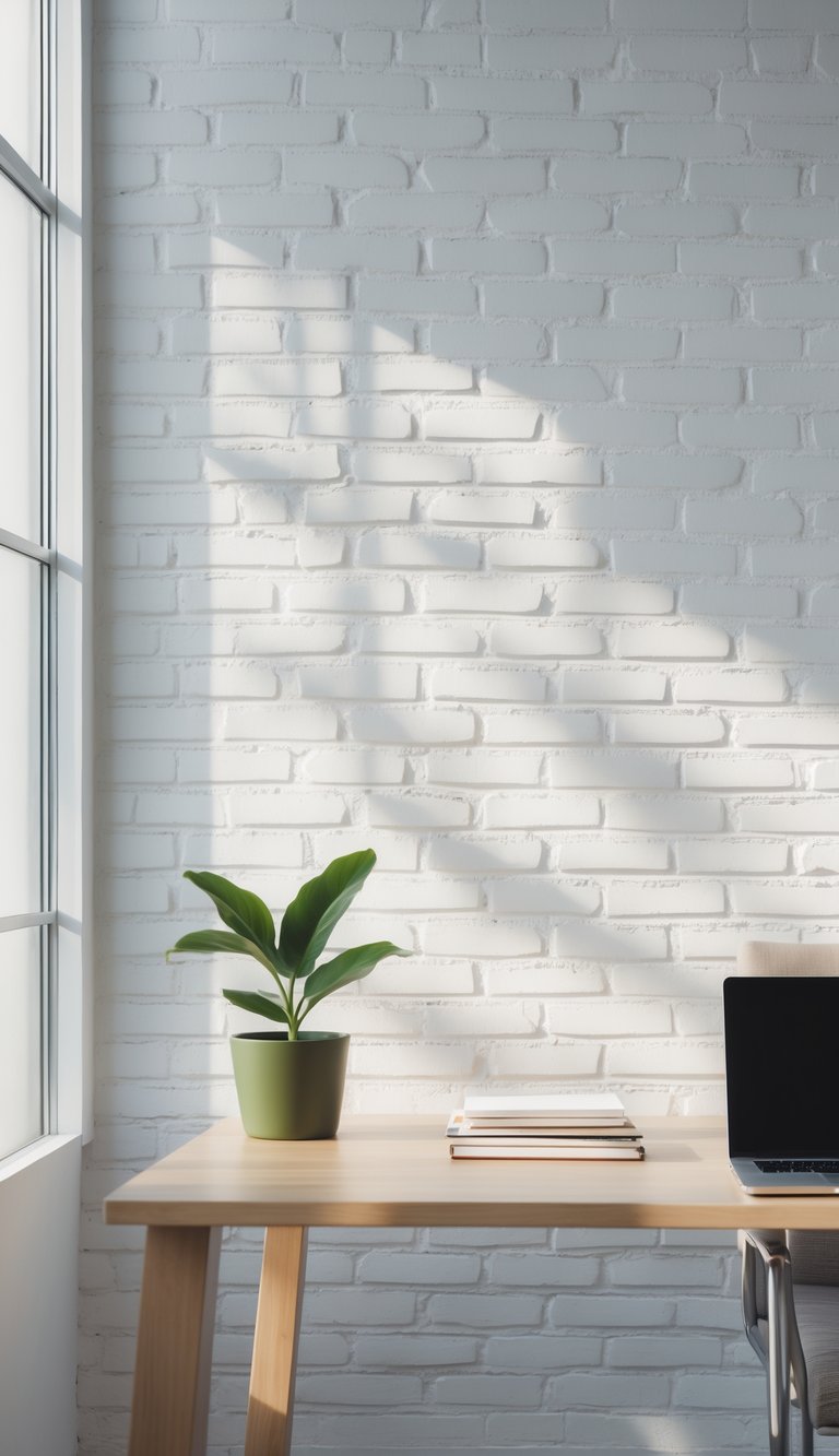 A modern office desk with a laptop, plant, and notebooks in front of a clean white brick wall.