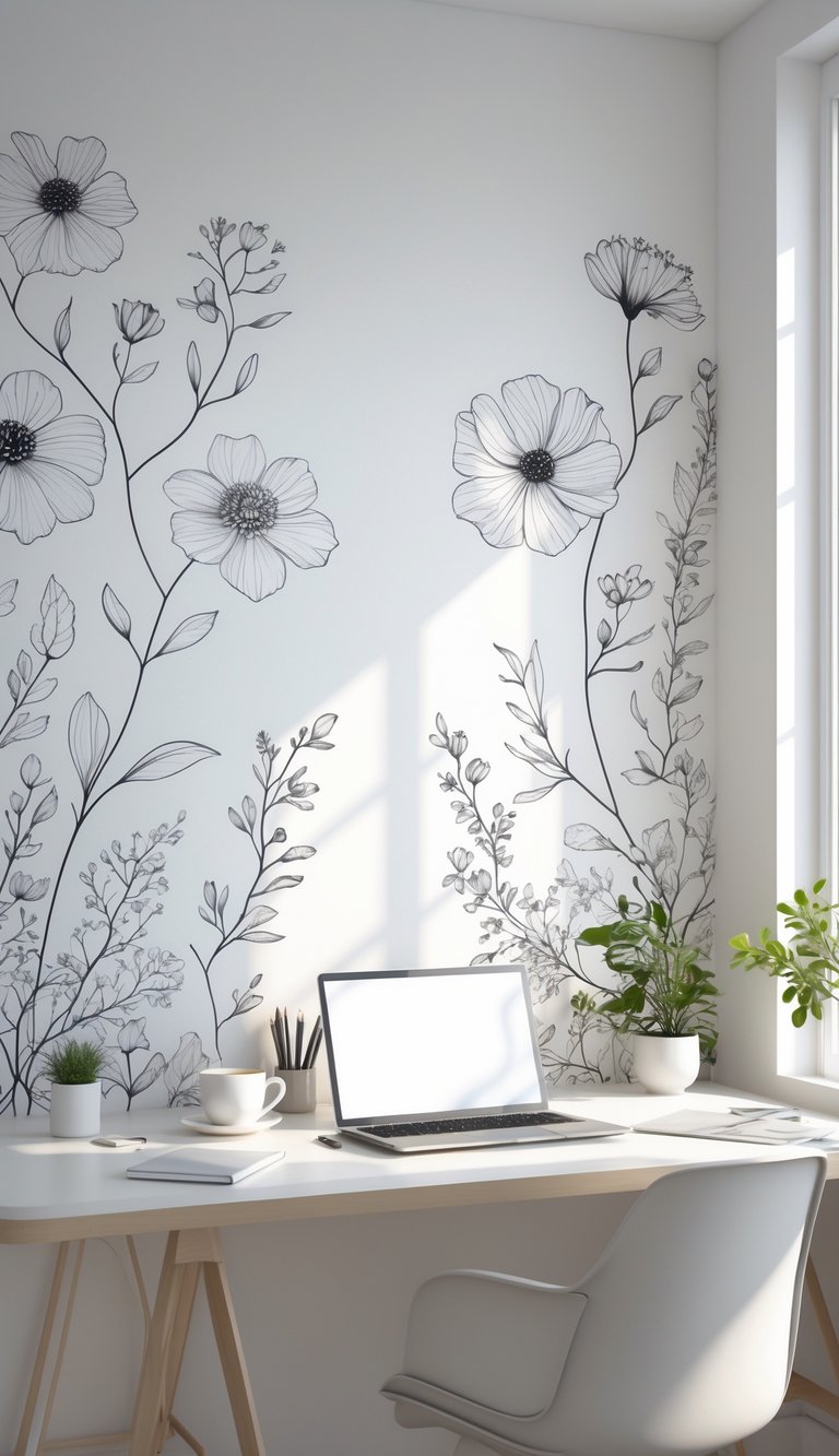 A clean office desk with a laptop, coffee cup, and plant in front of a wall decorated with delicate black and white floral line art.