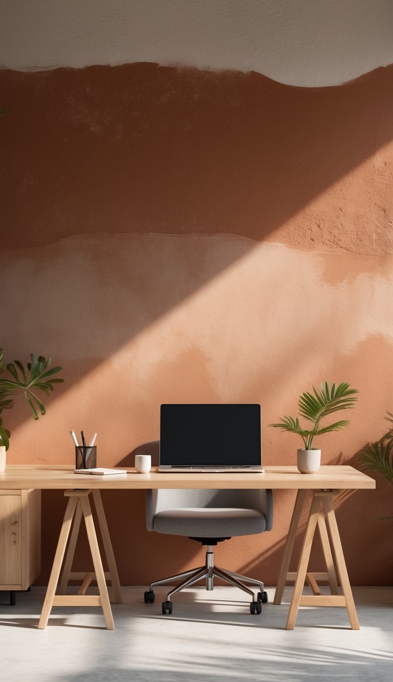 A clean office workspace with a wooden desk, laptop, plant, and warm terracotta-colored walls.