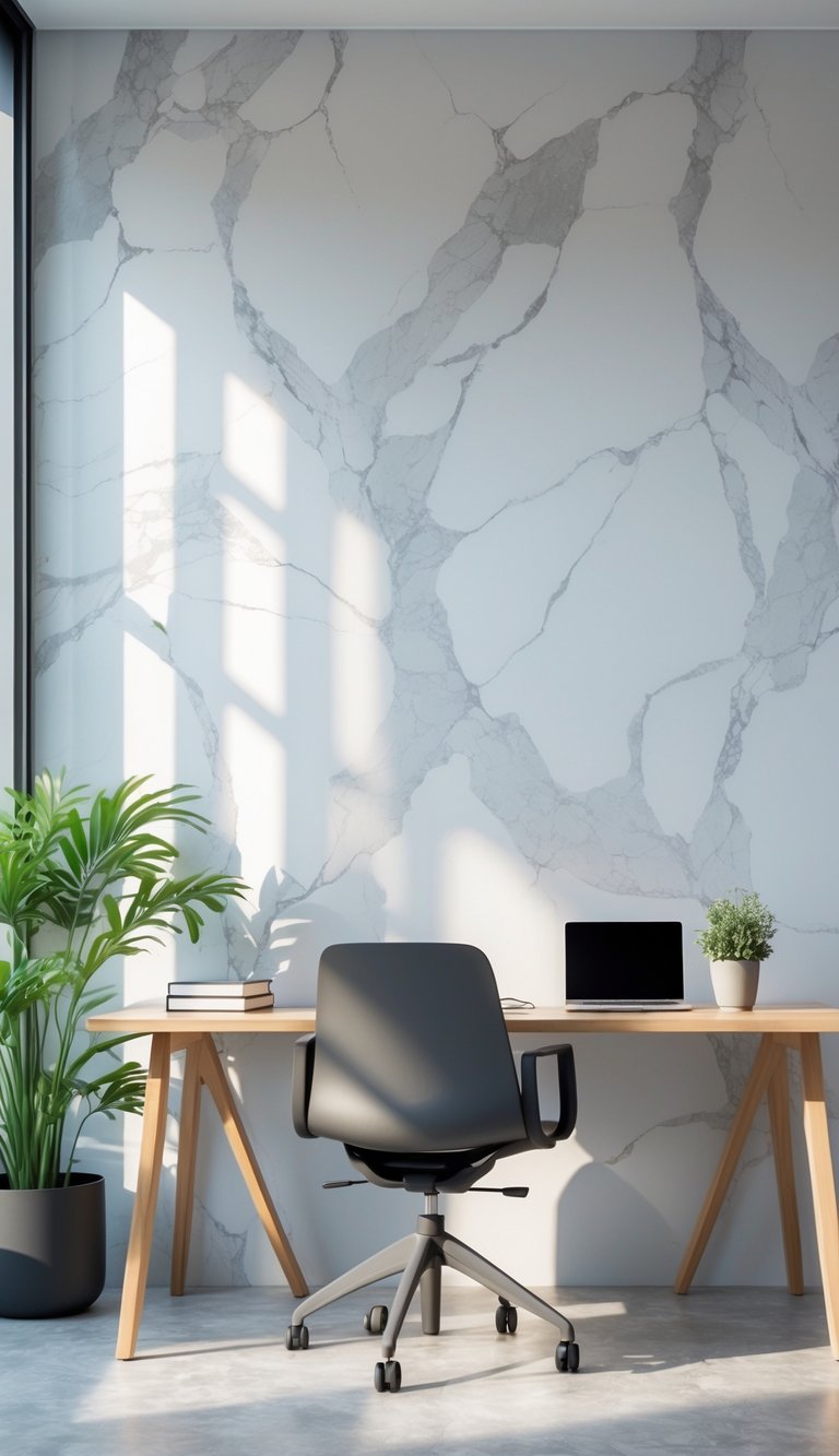 A modern office workspace with a wooden desk, ergonomic chair, and light gray marble patterned wall in the background.