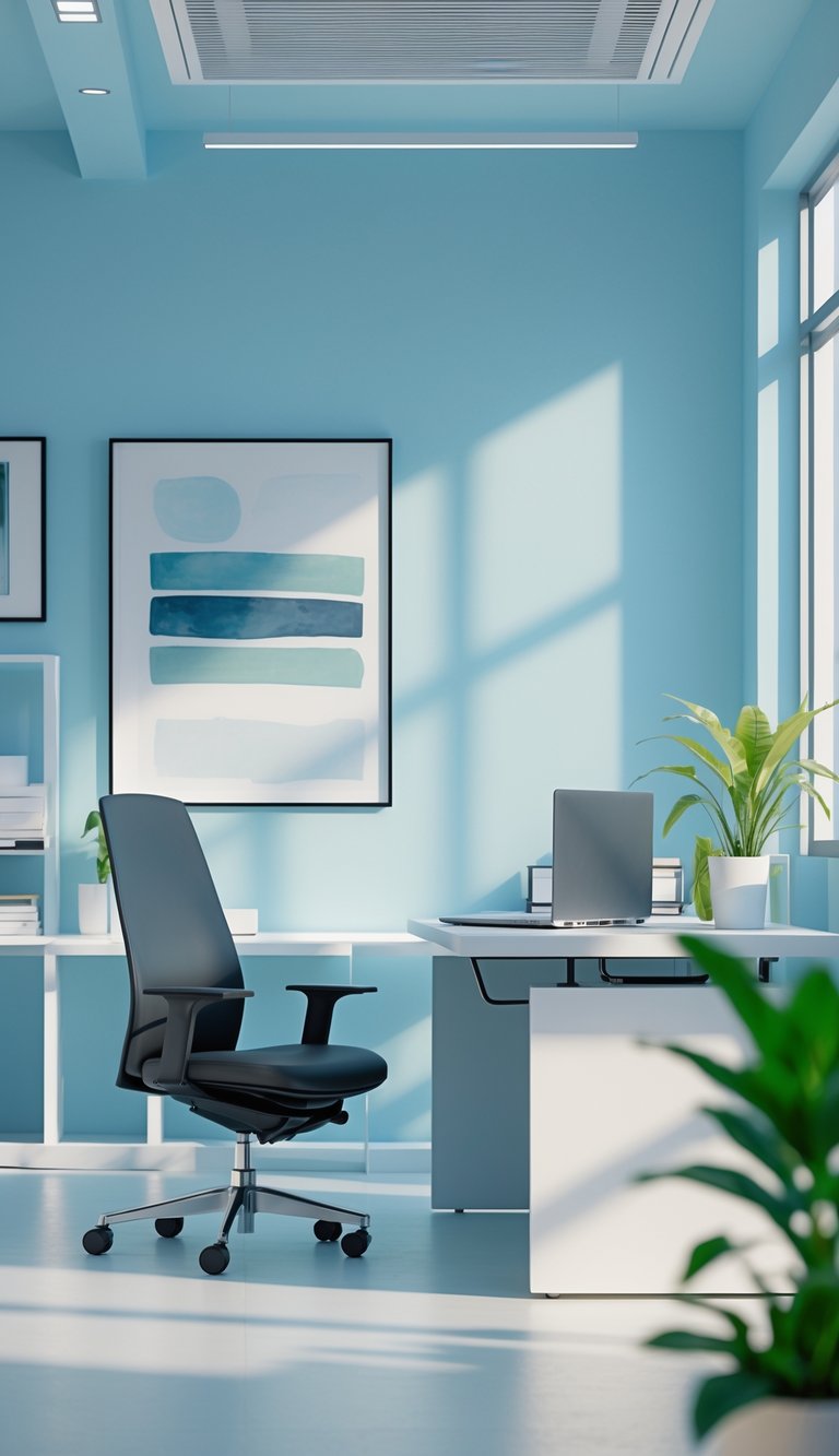 A modern office with soft blue walls, a clean desk with a laptop and plant, and natural light coming through large windows.