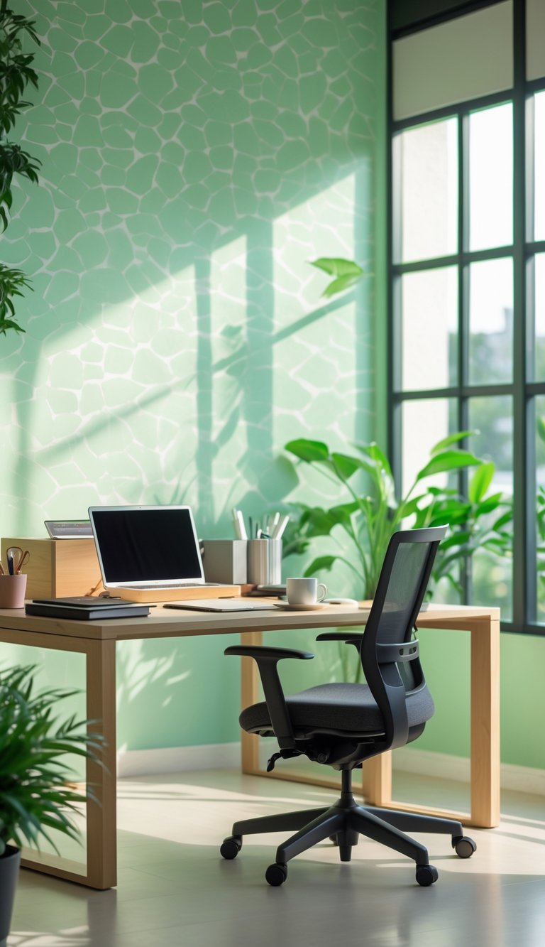 A bright office with light green wallpaper, a wooden desk with a laptop and coffee cup, an ergonomic chair, and green plants near large windows.