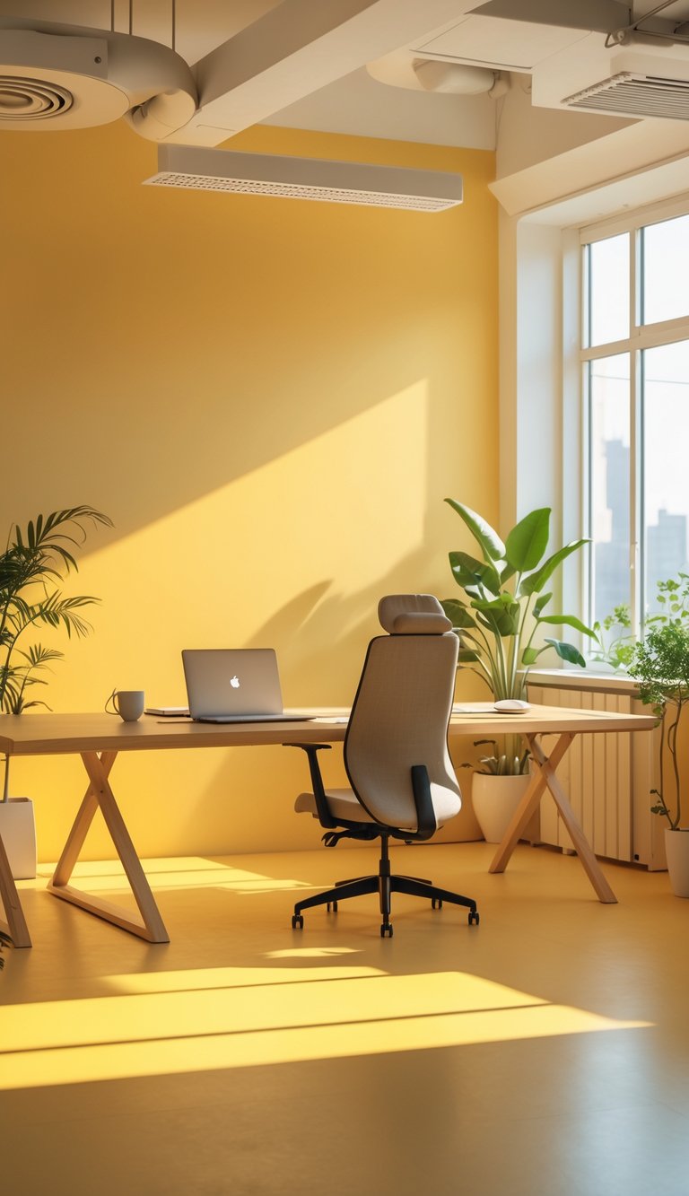 A modern office workspace with warm yellow wallpaper, natural light, a wooden desk with a laptop and coffee, and green plants.