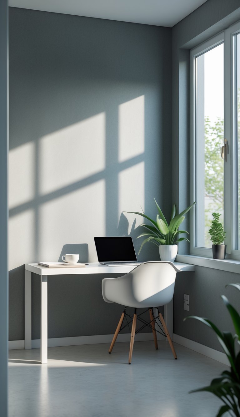 A modern office workspace with muted gray walls, a desk with a laptop, notepad, coffee cup, and natural light coming through a window.