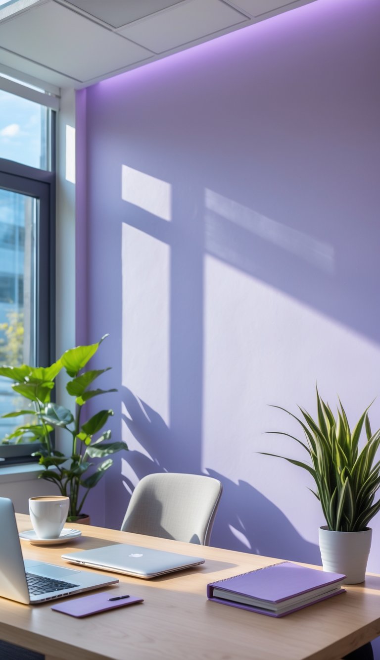 A modern office workspace with a pale lavender accent wall, a desk with a laptop, a plant, and natural light coming through large windows.