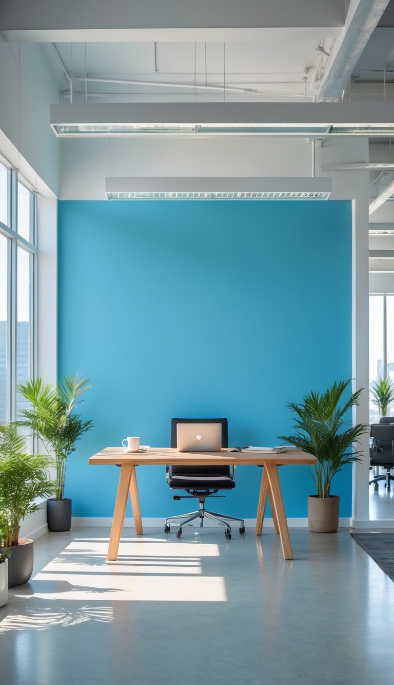 A bright office with a sky blue accent wall, a desk with a laptop and coffee, and green plants near large windows.