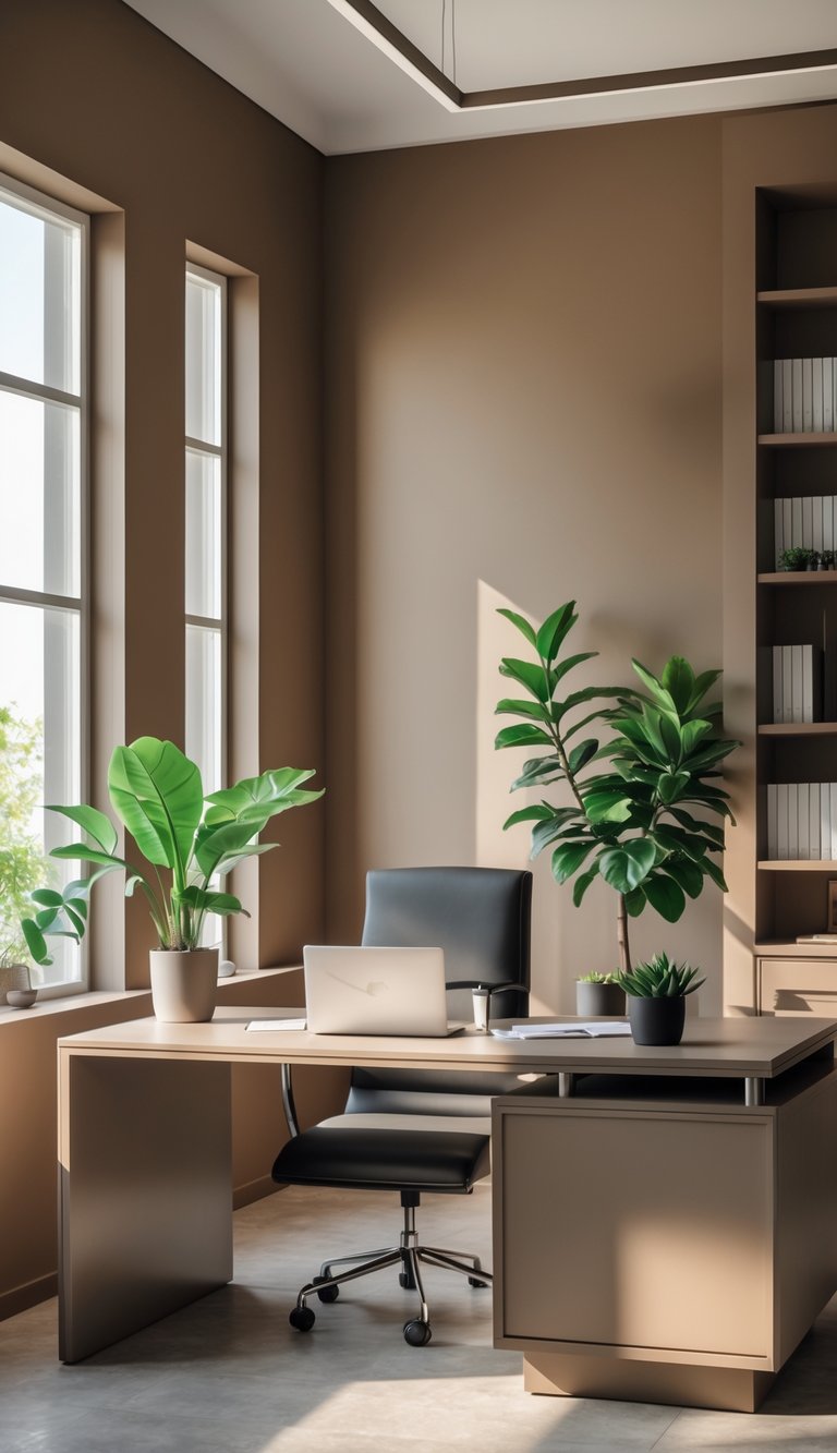 A modern office workspace with earthy taupe walls, a wooden desk with a laptop and plant, and natural light coming through large windows.